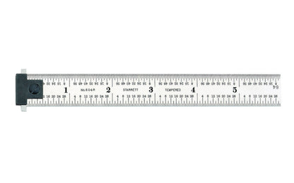 The Starrett 6" Hook Rule - 1/8", 1/16", 1/32", 1/64" Grads. Starrett 6" Spring-Tempered Steel Rule with Inch Graduation features a satin chrome finish. Graduations at 8ths, 16ths, quick-reading 32nds, 64ths. 6", 4R Grad, Adjustable Double Hook 64ths.  Made in USA.
