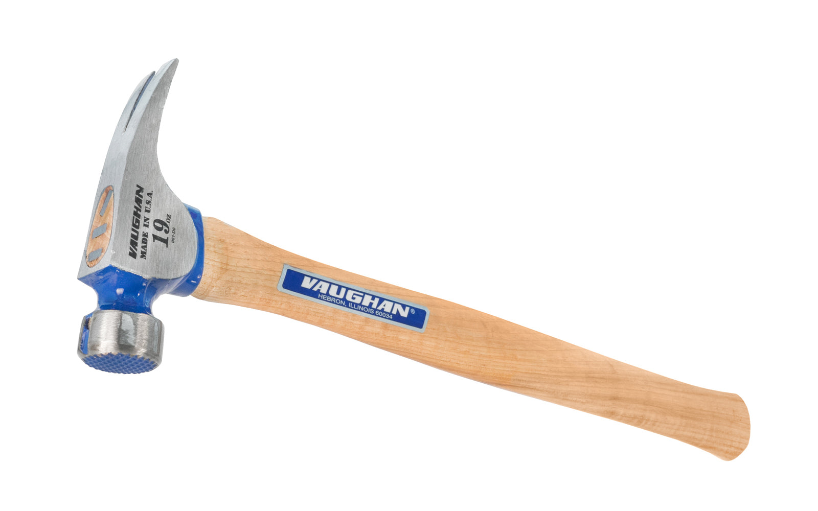 This 19 oz Vaughan California Framer Model CF2L has a mill waffle face & extra large 1-1/8" diameter striking face on framing hammer. The Rip hammer has magnetic nail starter & 19 oz head weight. Hickory hardwood handle & 7" overall length. Rust-resistant powder coat finish. Model CF2L. 051218116052. Serrated face.