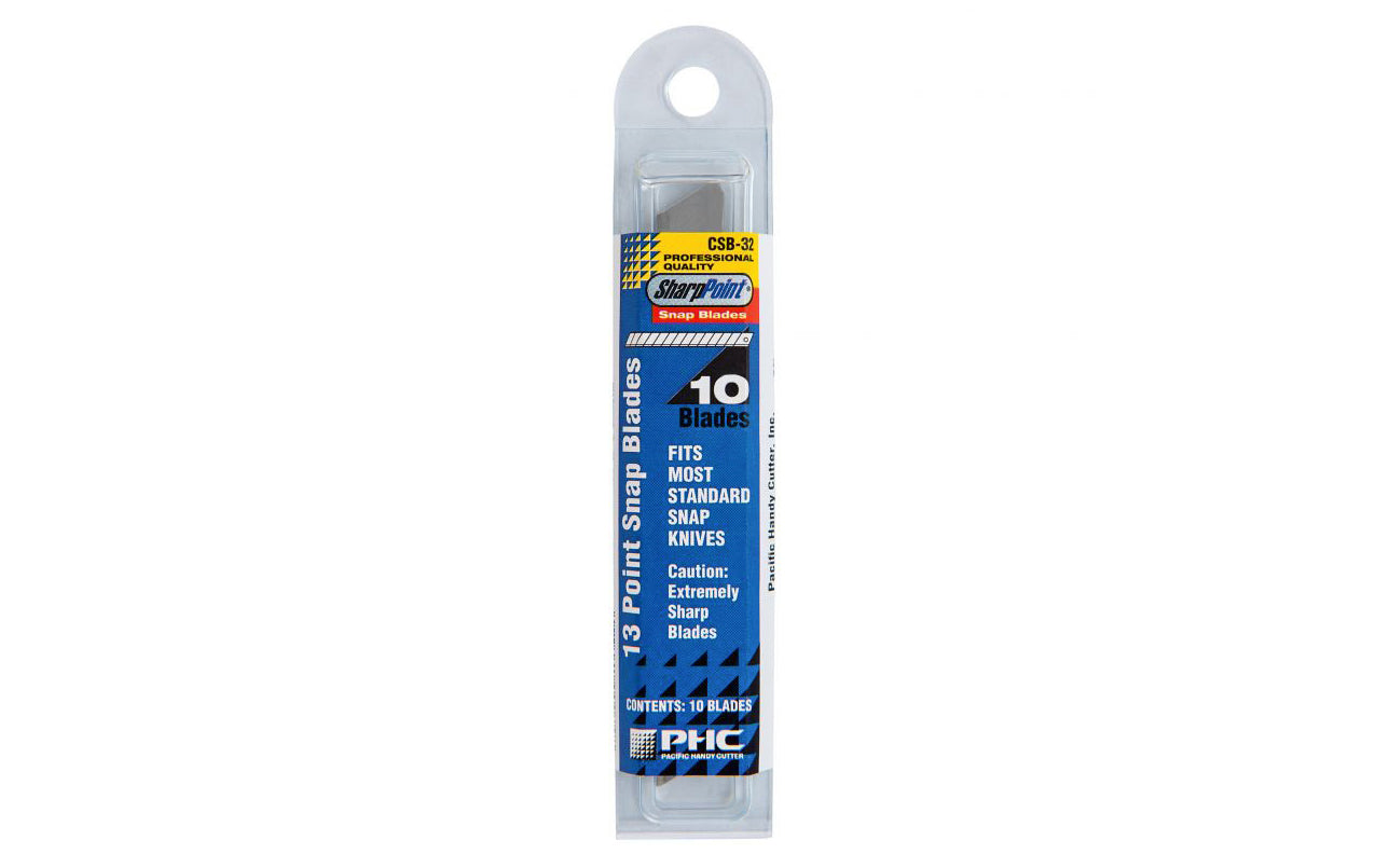 These 13 Point Snap Blades are made of high quality carbon steel & hold a sharp edge. It fits all standard snap-off knives & includes 10 blades inside a re-closable plastic clamshell for easy storage. 10 pack. PHC - Pacific Handy Cutter. Model CSB-32. 073441000748