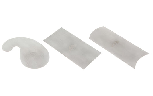 Crown Tools 3-Piece Cabinet Scraper Set. Includes rectangle, convex/concave, & gooseneck scrapers. The scrapers creates razor-thin shavings & produces a fine smooth finish when used. Crown Tools Model 376.