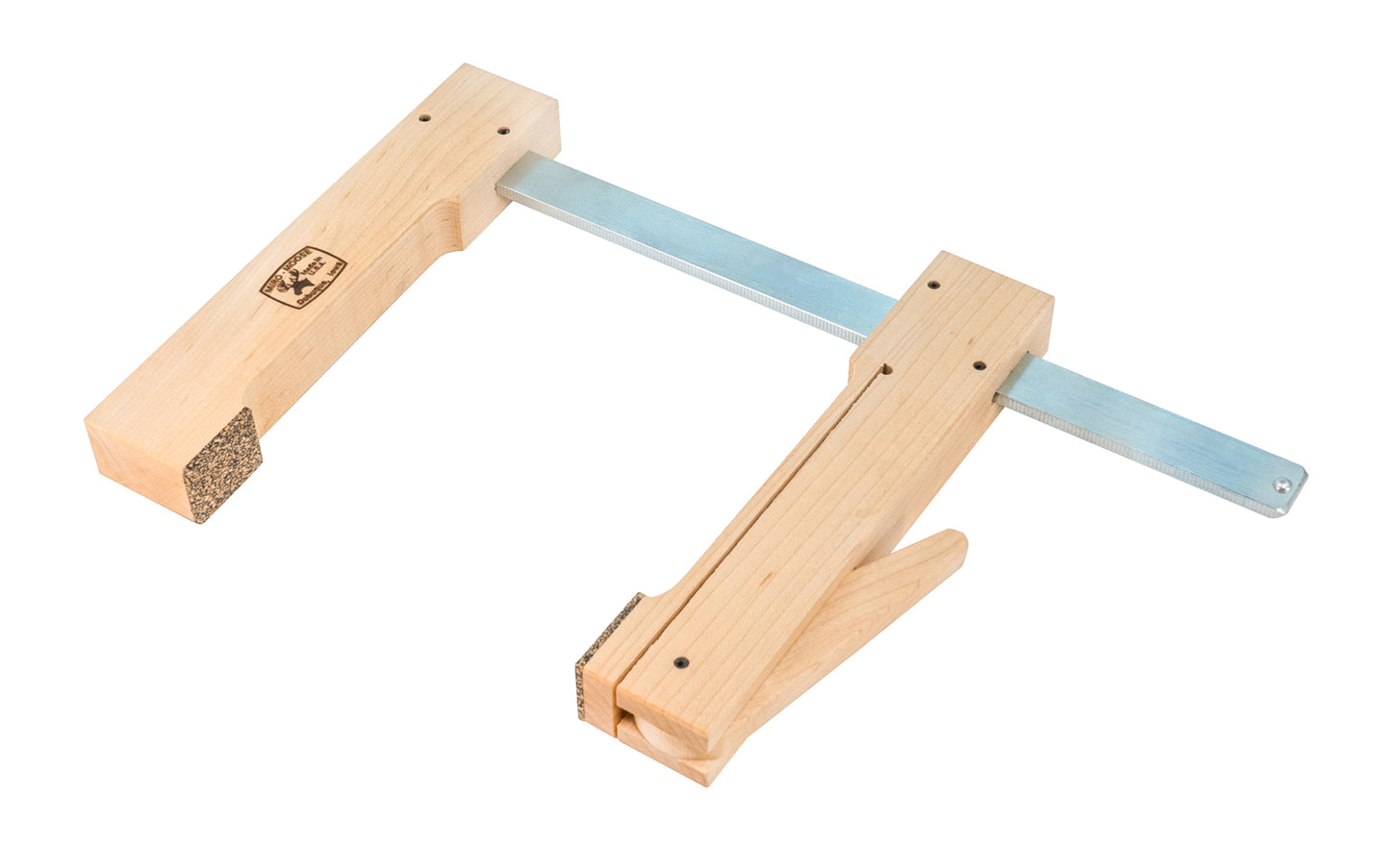 This "Miro-Moose" Maple cam clamp by Dubuque Clamp Works is a lightweight wooden cam clamp with a 8" opening capacity & 6" deep throat. The upper jaw slides into position, & the offset cam lever delicately locks the work piece in place giving strong pressure. The clamp has cork pads. Made in USA. Model 00016 ~ 099687000168