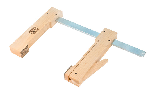 This "Miro-Moose" Maple cam clamp by Dubuque Clamp Works is a lightweight wooden cam clamp with a 8" opening capacity & 6" deep throat. The upper jaw slides into position, & the offset cam lever delicately locks the work piece in place giving strong pressure. The clamp has cork pads. Made in USA. Model 00016 ~ 099687000168