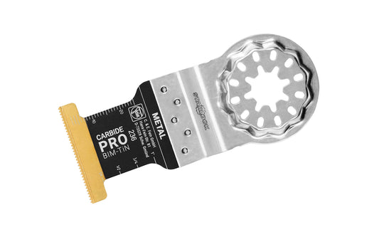 Fein 1-1/4" Metal Carbide Pro BIM-Tin Blade - 236 Blade. For hard materials such as ferrous metals, stainless steel or copper pipes, brick, masonry & cement fiber slabs, laminate, CFRP & GFRP, tempered screws (Spax), high-strength machine screws. Good for wood materials like hardwood & particle board.  Made in Germany