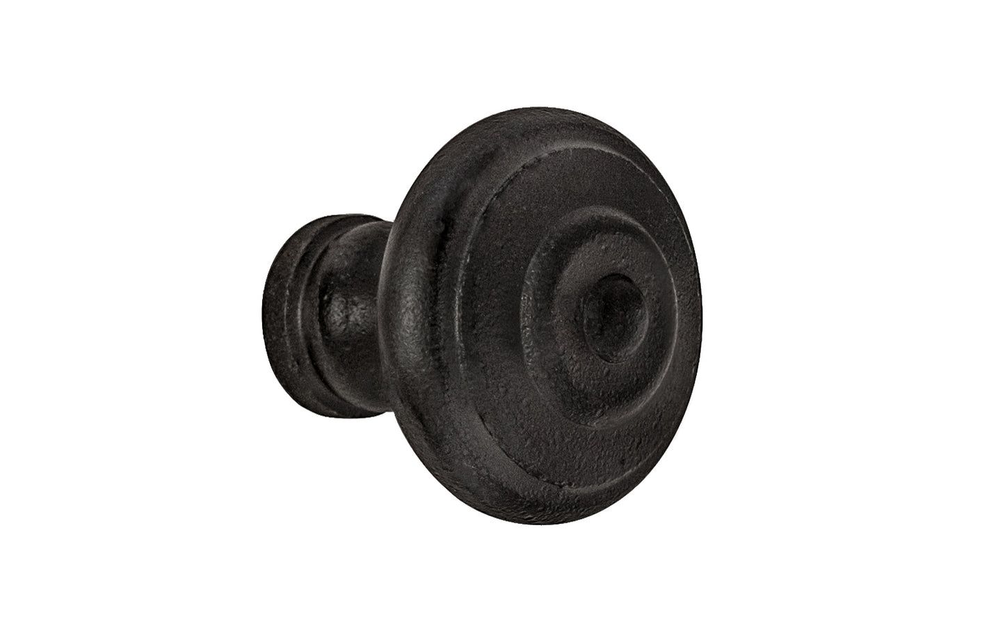 Satin Black Mid-Century Style Cast Iron Knob. Designed in the Mid-Century Style of hardware, but the knob will fit with any time period up to the current modern styles. Made of cast iron material. The knob works well in kitchens, bathrooms, on furniture, cabinets, drawer. 1-3/16" diameter size knob.