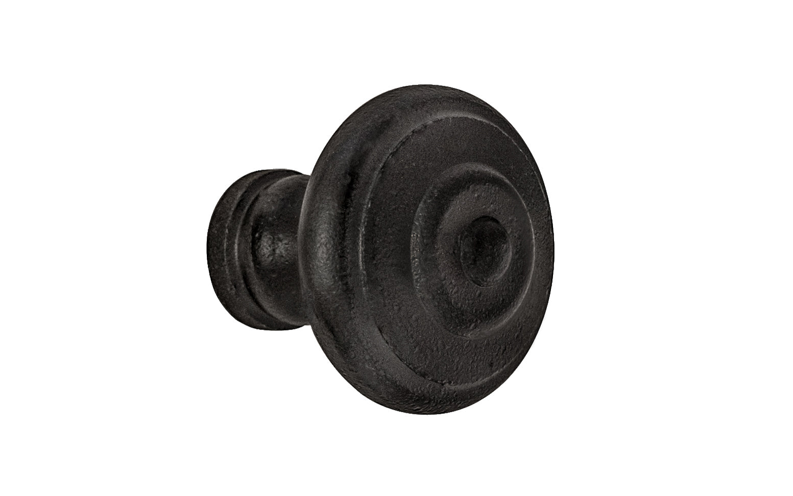 Satin Black Mid-Century Style Cast Iron Knob. Designed in the Mid-Century Style of hardware, but the knob will fit with any time period up to the current modern styles. Made of cast iron material. The knob works well in kitchens, bathrooms, on furniture, cabinets, drawer. 1-3/16" diameter size knob.