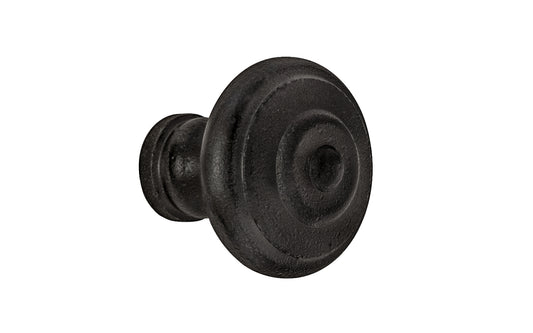 Satin Black Mid-Century Style Cast Iron Knob. Designed in the Mid-Century Style of hardware, but the knob will fit with any time period up to the current modern styles. Made of cast iron material. The knob works well in kitchens, bathrooms, on furniture, cabinets, drawer. 1-3/16" diameter size knob.