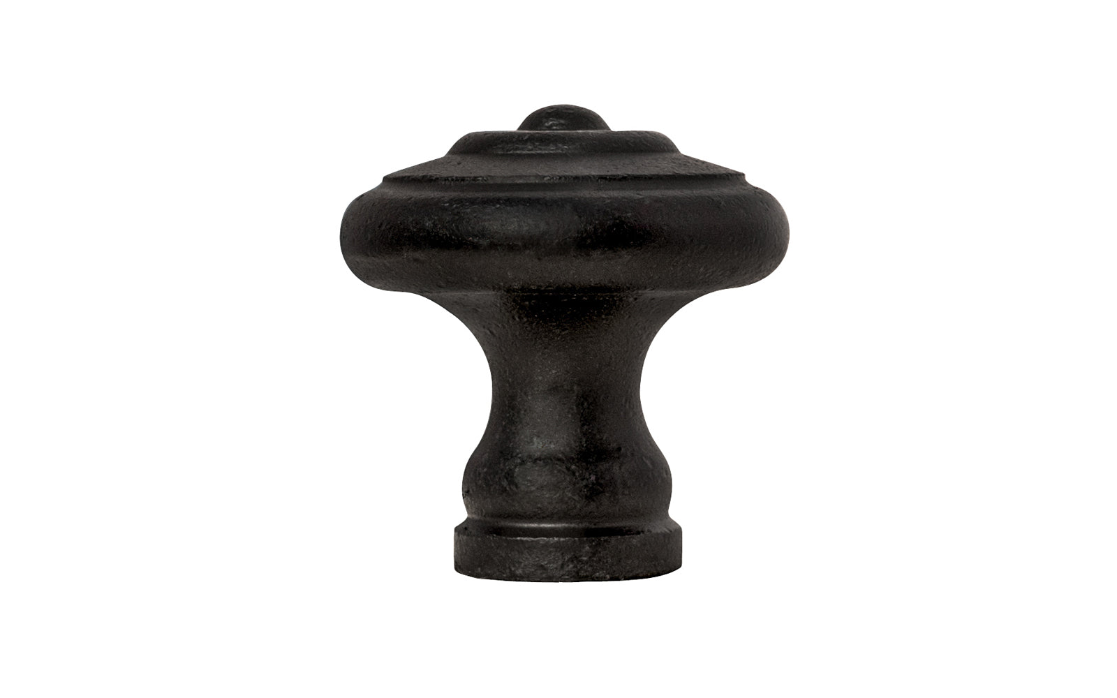 Satin Black Mid-Century Style Cast Iron Knob. Designed in the Mid-Century Style of hardware, but the knob will fit with any time period up to the current modern styles. Made of cast iron material. The knob works well in kitchens, bathrooms, on furniture, cabinets, drawer. 1-3/16" diameter size knob.