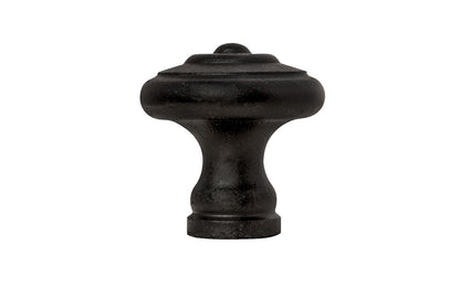 Satin Black Mid-Century Style Cast Iron Knob. Designed in the Mid-Century Style of hardware, but the knob will fit with any time period up to the current modern styles. Made of cast iron material. The knob works well in kitchens, bathrooms, on furniture, cabinets, drawer. 1-3/16" diameter size knob.