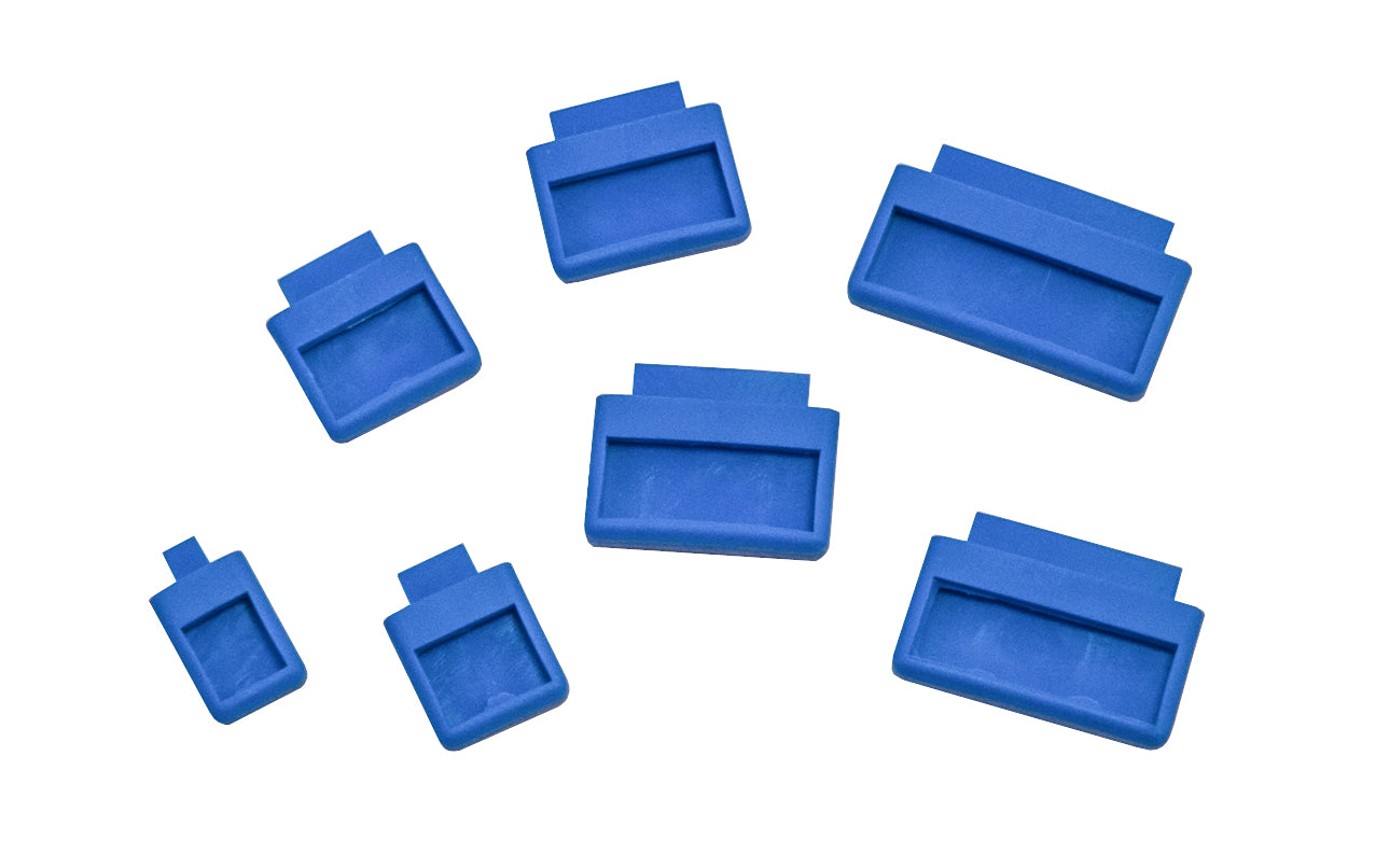 7-piece chisel guard set made by Two Cherries. Sizes included in set:   1/4" (6 mm),  3/8" (10 mm),  1/2" (12 mm),  5/8" (16 mm),  3/4" (20 mm), 1" (26 mm), &  1-1/4" (30 mm) sizes. Seven piece set.  Made in Germany. 7 PC chisel guard protectors. 744391119223