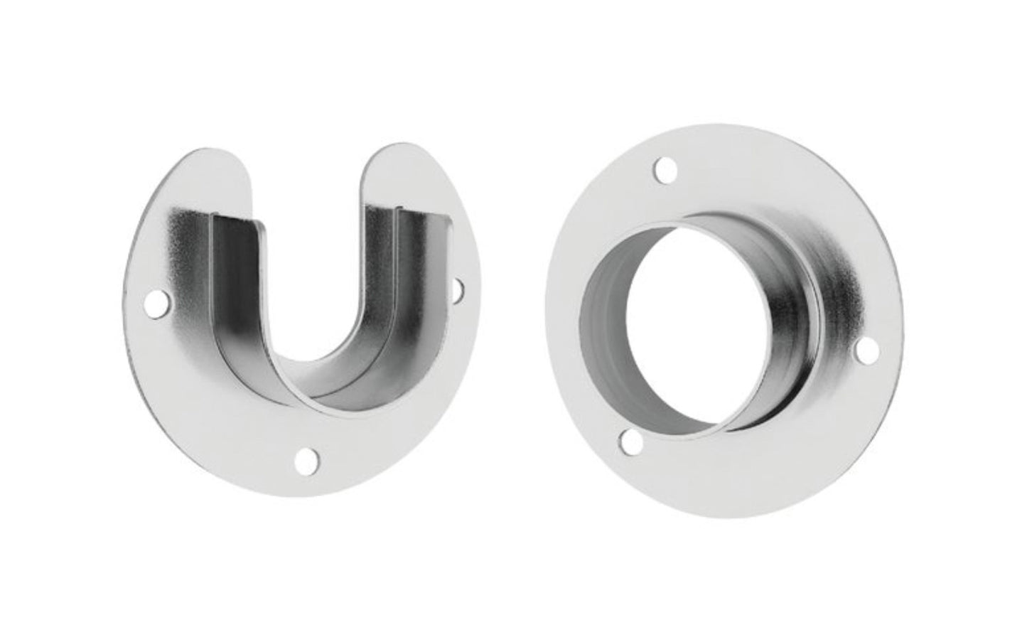 High quality closet rod flange set. Strong pole supports made of zinc material with a plated finish. The flanges have the deep pole sockets & provide the strong & safe rod support. Works with closet poles up to 1-5/16" diameter.  National Hardware - Stanley Home designs. Available in chrome, oil rubbed bronze, satin nickel, & white color finishes