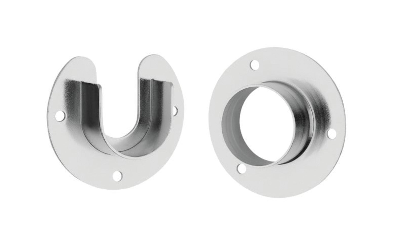 High quality closet rod flange set. Strong pole supports made of zinc material with a plated finish. The flanges have the deep pole sockets & provide the strong & safe rod support. Works with closet poles up to 1-5/16" diameter.  National Hardware - Stanley Home designs. Available in chrome, oil rubbed bronze, satin nickel, & white color finishes