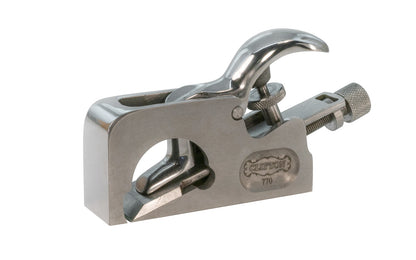 Clifton 770 Bullnose Plane. 1-1/8" (29 mm) wide cutter blade. Good for planing up to a right angle such as a stopped rabbet, precision trimming of mortise & tenon joints. Cutting edge is ground to 25° primary & 30° secondary - Blade made from high quality oil hardened steel, 59-61 rockwell C hardness. Model C770.