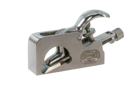 Clifton 770 Bullnose Plane. 1-1/8" (29 mm) wide cutter blade. Good for planing up to a right angle such as a stopped rabbet, precision trimming of mortise & tenon joints. Cutting edge is ground to 25° primary & 30° secondary - Blade made from high quality oil hardened steel, 59-61 rockwell C hardness. Model C770.