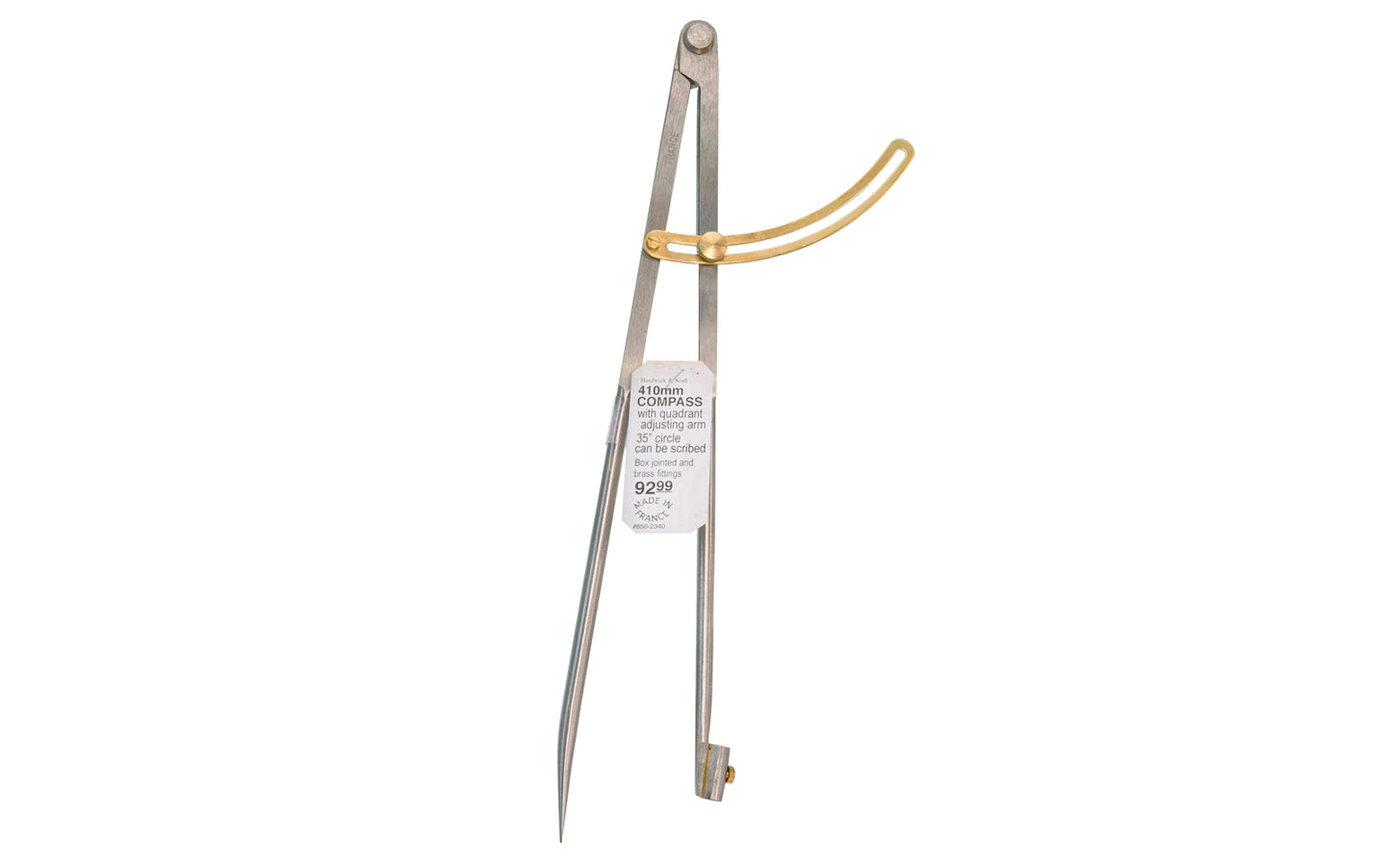 410 mm Compass with Brass Fittings. This French made tool is of superb quality & will make measuring and layout work easier & more accurate. Holds a pencil, and the quadrant design gives a firm locking action. Size indicates the maximum capacity.  Made in France. 35" circle can be scribed.