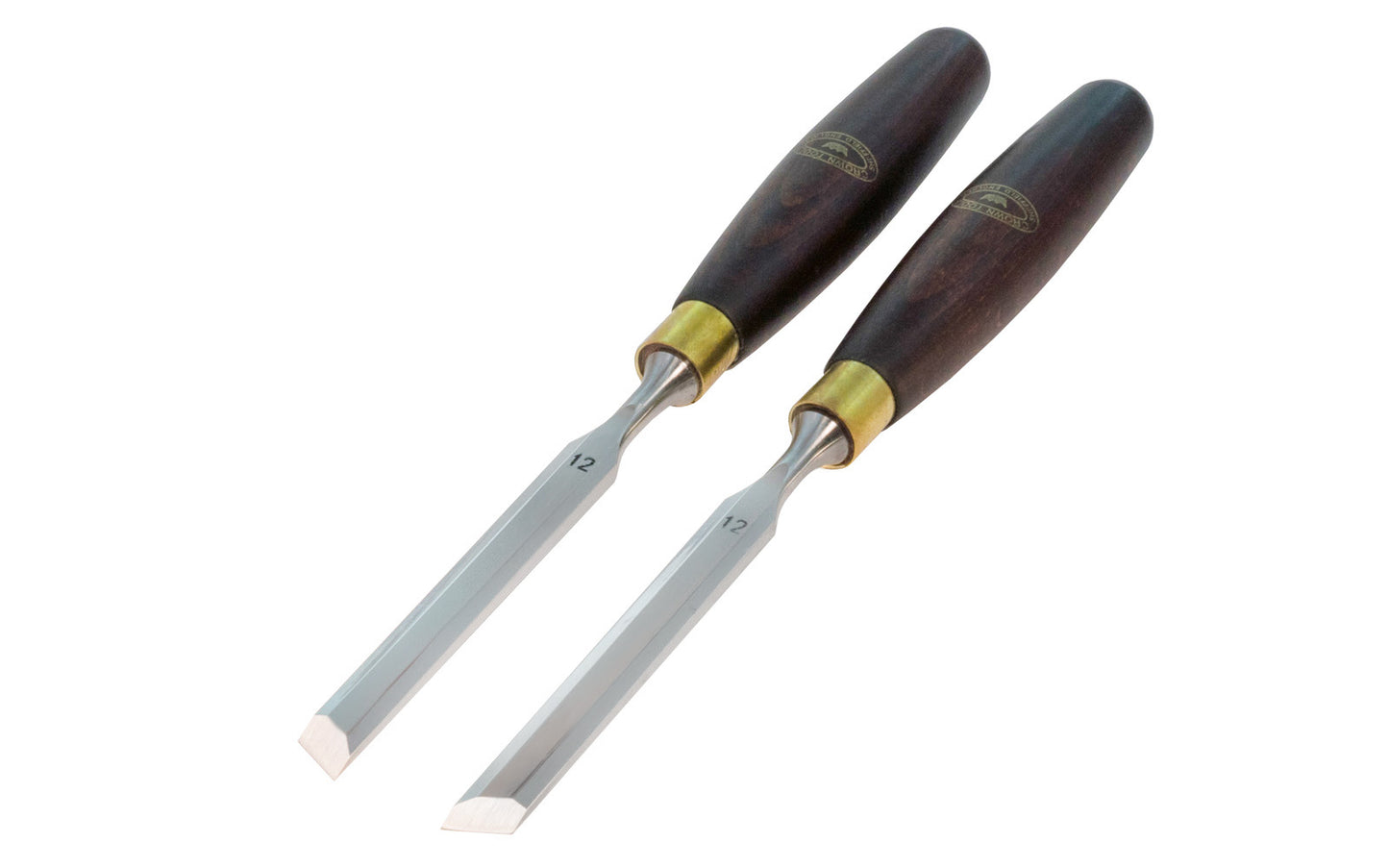 A pair of 12 mm (1/2") Skew Bevel Edge Chisels made by Crown Tools. They are great for cleaning out tight inside corners, protruding dovetails, stopped dados, tenons, dowels & other applications. Sold as left & right angled pairs. Made in Sheffield, England.