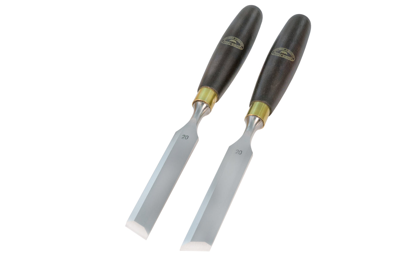 A pair of 20 mm (3/4") Skew Bevel Edge Chisels made by Crown Tools. They are great for cleaning out tight inside corners, protruding dovetails, stopped dados, tenons, dowels & other applications. Sold as left & right angled pairs. Made in Sheffield, England. Model 1742SK.