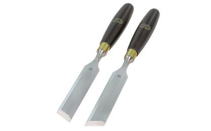 A pair of 25 mm (1") Skew Bevel Edge Chisels made by Crown Tools. They are great for cleaning out tight inside corners, protruding dovetails, stopped dados, tenons, dowels & other applications. Sold as left & right angled pairs. Made in Sheffield, England. Model 1743SK.