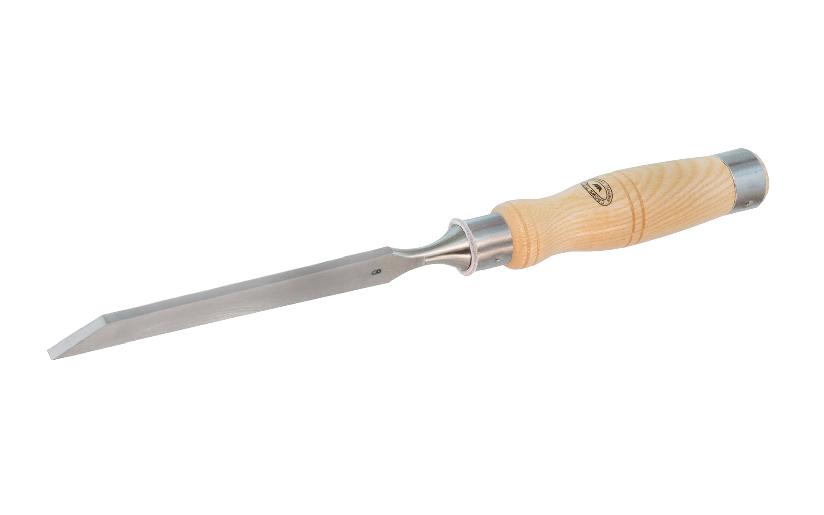 1/4" (6 mm) Mortise Chisel made by Crown Tools. This chisel has a stiff thick blade for clearing out wood waste & has wide side edges that help keep the chisel square when working in the mortise. The mortice chisel has a leather disc shock absorber to help absorb mallet blows. Model 1761. Made in Sheffield, England.