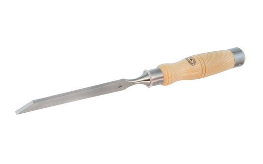 1/4" (6 mm) Mortise Chisel made by Crown Tools. This chisel has a stiff thick blade for clearing out wood waste & has wide side edges that help keep the chisel square when working in the mortise. The mortice chisel has a leather disc shock absorber to help absorb mallet blows. Model 1761. Made in Sheffield, England.