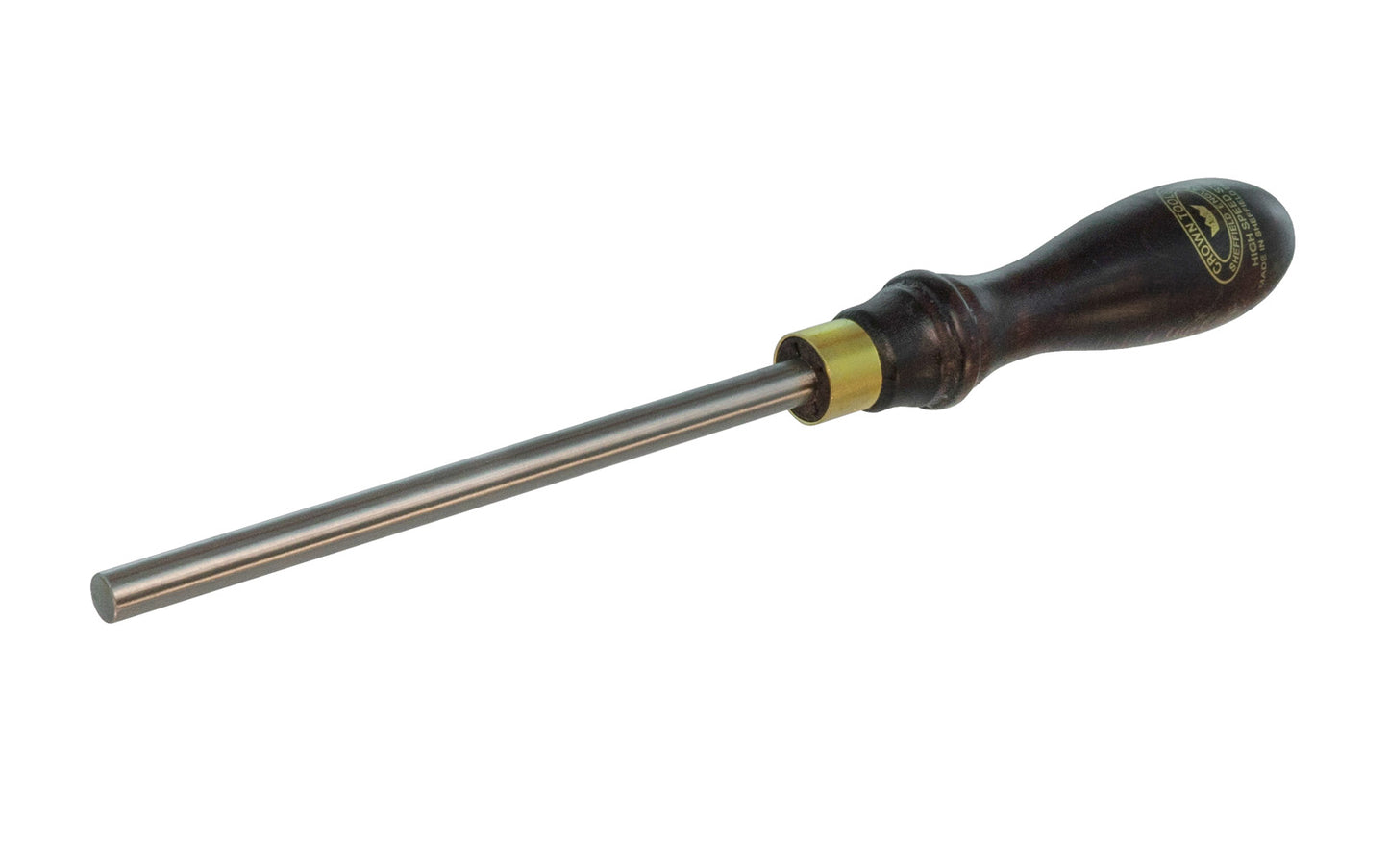 Crown Tools HSS rosewood round burnisher is great for creating well formed hooks, also know as burrs, on cabinet scrapers. Works well for straight-edged cabinet scrapers, as well as for curved cabinet scrapers too. Rosewood handle.  Made in Sheffield, England. Model No 377W. 6" long blade