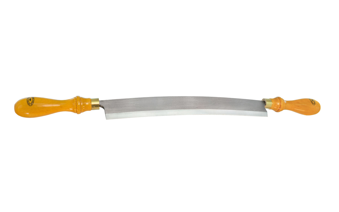 Traditional English pattern Draw Knives made by Crown Tools in Sheffield, England. 11" Curved Drawknife. Hand forged high carbon steel then hardened & tempered, this drawknife cuts wood efficiently & holds a sharp edge. Tangs extend through handles. The draw knife is securely fitted with Beechwood handles. Model DKB.