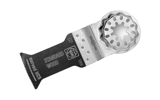 Made in Germany - Fein Tools Curved Standard Wood E-Cut HCS Blade. Blade Width 1-3/8" (35 mm). Blade Depth  2-3/16" (55 mm). Set teeth for all wood, drywall & plastic materials, clean cuts & good cutting speed. Hooked cutting geometry for optimal plunge cutting & clean, precise cut edges, especially on smooth surfaces.