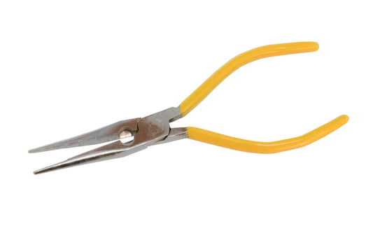 A "seconds" batch of 8" long nose pliers from Pakistan. Budget economy plier. Light serrations near tip of plier. 8" overall length. Vinyl coated handle.   Made in Pakistan.
