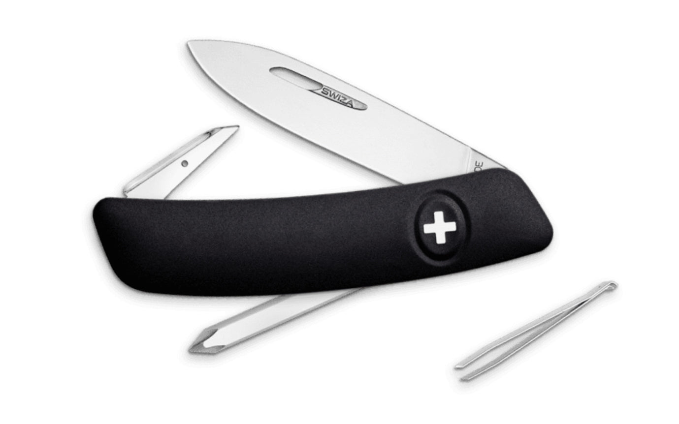 Swiza D02 Black Swiss Multi-Tool Knife. 3-3/4" closed length. Includes 75 mm blade, blade lock, reamer/punch, sewing awl, cork screw, #1 phillips screwdriver, tweezers. Swiss Army Style Knife. Made in Switzerland.