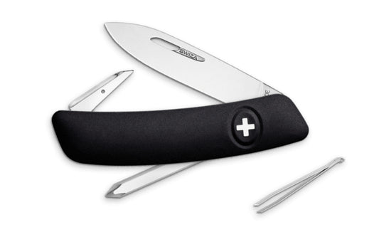 Swiza D02 Black Swiss Multi-Tool Knife. 3-3/4" closed length. Includes 75 mm blade, blade lock, reamer/punch, sewing awl, cork screw, #1 phillips screwdriver, tweezers. Swiss Army Style Knife. Made in Switzerland.