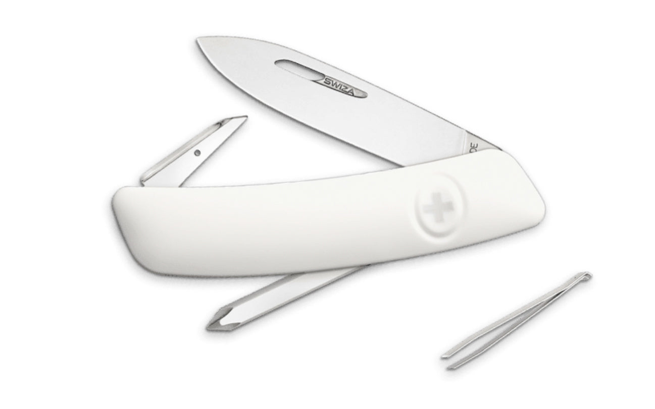 Swiza D02 White Swiss Multi-Tool Knife. 3-3/4" closed length. Includes 75 mm blade, blade lock, reamer/punch, sewing awl, cork screw, #1 phillips screwdriver, tweezers. Swiss Army Style Knife. Made in Switzerland.