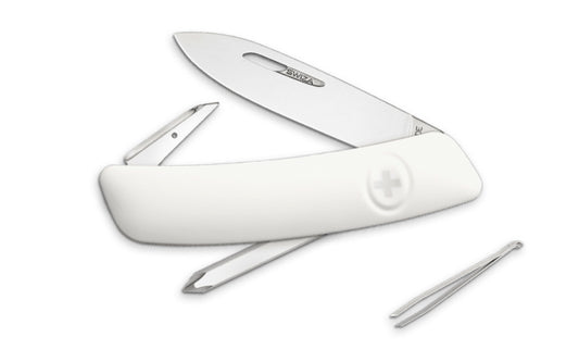 Swiza D02 White Swiss Multi-Tool Knife. 3-3/4" closed length. Includes 75 mm blade, blade lock, reamer/punch, sewing awl, cork screw, #1 phillips screwdriver, tweezers. Swiss Army Style Knife. Made in Switzerland.