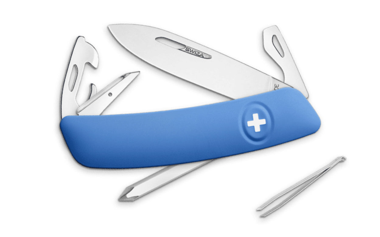 Swiza D04 Blue Swiss Multi-Tool Knife. 3-3/4" closed length. Includes 75 mm blade, blade lock, reamer/punch, sewing awl, bottle opener, #3 slotted screwdriver, #1 slotted screwdriver, #1 phillips screwdriver, wire bender, can opener, tweezers. Swiss Army Style Knife. Made in Switzerland.