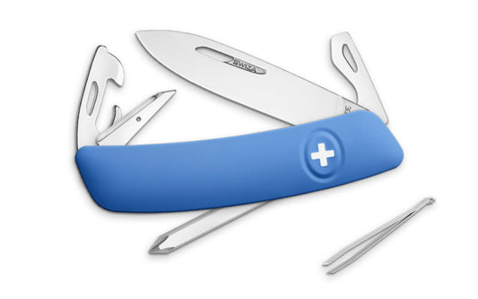 Swiza D04 Blue Swiss Multi-Tool Knife. 3-3/4" closed length. Includes 75 mm blade, blade lock, reamer/punch, sewing awl, bottle opener, #3 slotted screwdriver, #1 slotted screwdriver, #1 phillips screwdriver, wire bender, can opener, tweezers. Swiss Army Style Knife. Made in Switzerland.