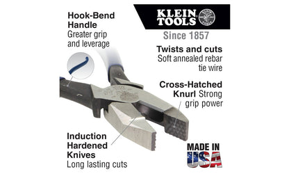 Klein Tools 9-1/4" Ironworker's Pliers "Heavy Duty" D2000-9ST cuts ACSR, screws, nails & most hardened wire. It can twist & cut soft annealed rebar tie wire as well. It has a high-leverage design; rivet is closer to the cutting edge for 46-Percent greater cutting & gripping power. 9-1/4" overall length. 092644703829
