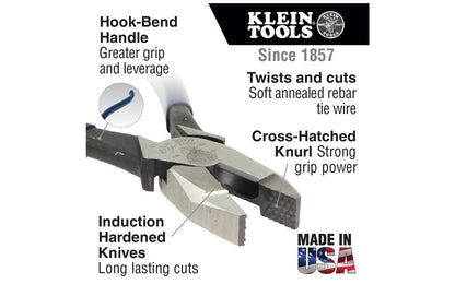 Klein Tools 9" Ironworker's Pliers D201-7CST twist & cut soft annealed rebar tie wire. They feature knurled jaws for a good grip & a spring-loaded design which enables self-opening. Unique handle tempering helps absorb the ''snap'' when cutting wire. Precision-hardened plier head. 9" overall length. 092644703027