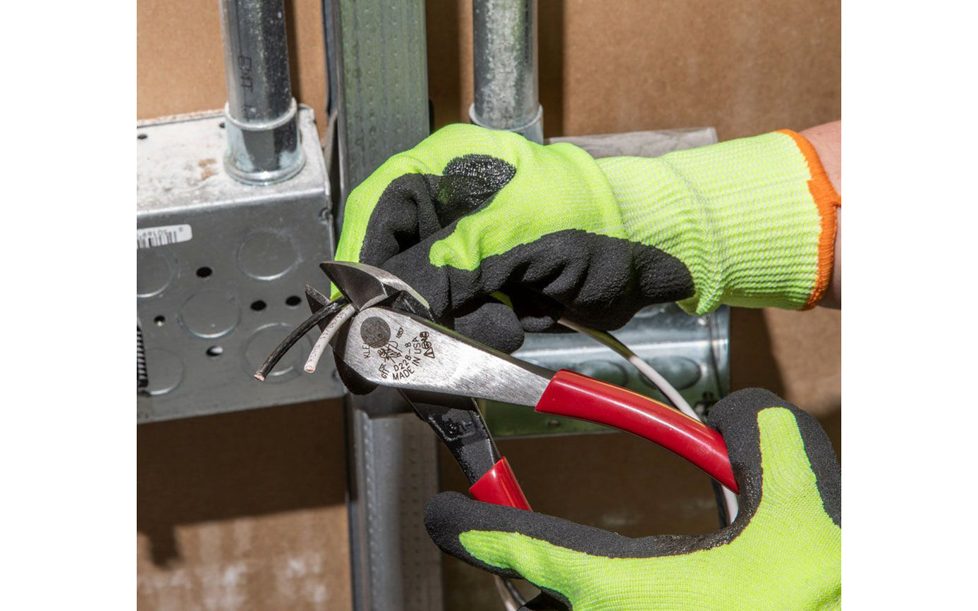 These Klein Tools 8" Diagonal Cutting Pliers D228-8 have a high-leverage design to provide 36% greater cutting power than other pliers. The hot-riveted joint ensures smooth action with no handle wobble. Klein Tools specializes in making some of the world's finest pliers. 8" overall length. 092644720406