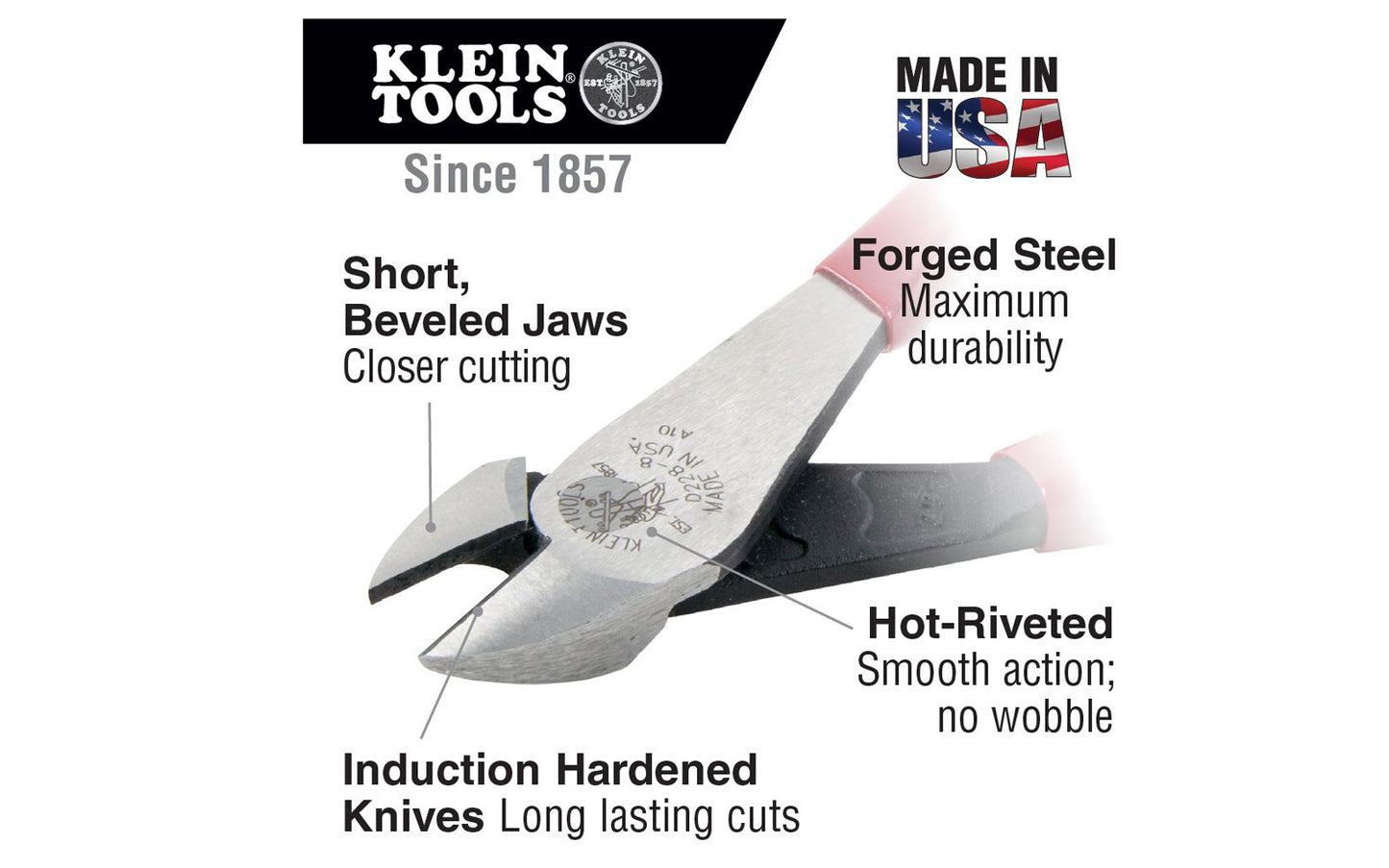 These Klein Tools 8" Diagonal Cutting Pliers D228-8 have a high-leverage design to provide 36% greater cutting power than other pliers. The hot-riveted joint ensures smooth action with no handle wobble. Klein Tools specializes in making some of the world's finest pliers. 8" overall length. 092644720406
