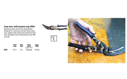 This Bessey Long-Nose Left Cutting Multi-Purpose Snip is made of high grade steel with extra long cutting blades (2-1/2" long) for continuous cuts & large radius cuts. German-made cutting snip has an angled cutter head keeps hands free from work. HRC up to 59. Spring loaded. Model D22A. 788502011112. Made in Germany.