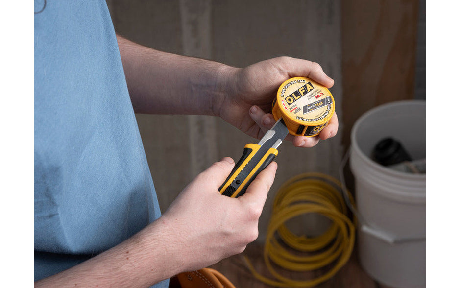 Safely snap & dispose used blades with the OLFA DC-3 Pocket-Size Blade Disposal Can. Rugged ABS Plastic canister is perfect for quickly snapping your 9mm & 18mm blades safety. Use the can to dispose most blades, including RSKB Safety Blades & all utility blades – 9mm, 18mm, & 25mm blades. Made in Japan
