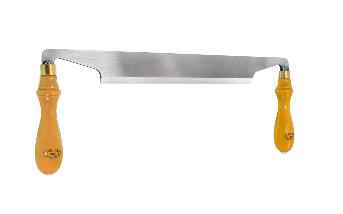 Traditional English pattern Draw Knives made by Crown Tools in Sheffield, England. 11" Straight Drawknife. Hand forged high carbon steel then hardened & tempered, this drawknife cuts wood efficiently & holds a sharp edge. Tangs extend through handles. The draw knife is securely fitted with Beechwood handles. Model DK.
