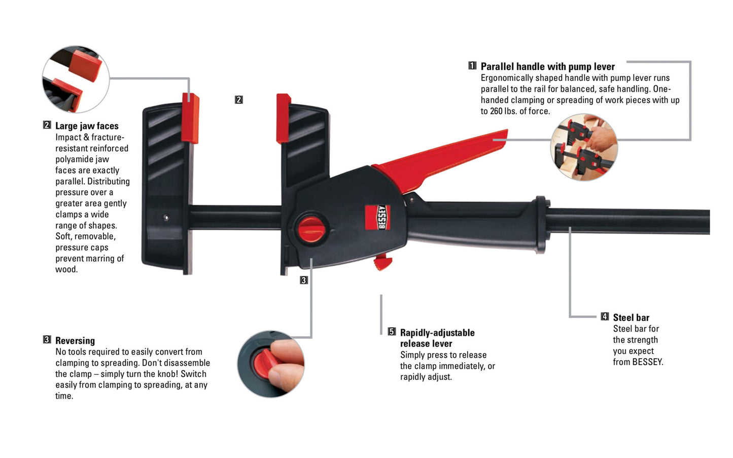 Bessey 18" DuoKlamp Clamp ~ DUO45-8 - One handed clamp & spreader. Clamp or spread with the turn of a button, no tools necessary. 18" max opening & 3-1/4" deep throat. Jaws resist flex & withstand up to 260 lb. of clamping force. Soft pressure caps prevent marring of wood by distributing pressure over a greater area.  