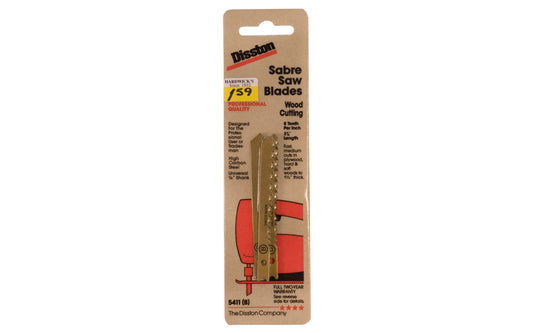 Disston 8 TPI Wood Cutting Sabre Saw Blades - 3 Pack.  Made in Switzerland. Fast, medium cuts in plywood, hard & soft woods to 1-1/2" thick. Universal 1/4" Shank. High carbon steel. 3-1/8" length. Model 5411. Made by Disston. 