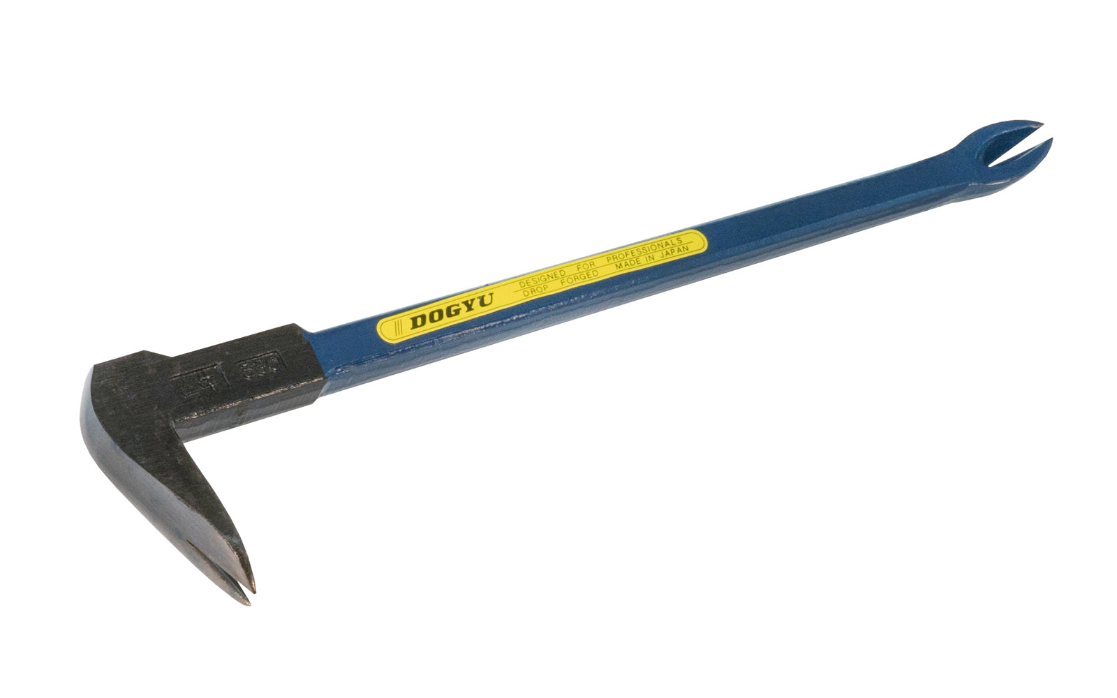 The Dogyu Japanese Nail Puller Bar - Blue has a special durable slim claw, great for tight spaces & the flat end head may be used as a hammer. 90° angle nail puller paw & rounded head on nail puller improves leverage. Drop-forged & tempered for strength. Japanese Cat's Paw. Made in Japan.