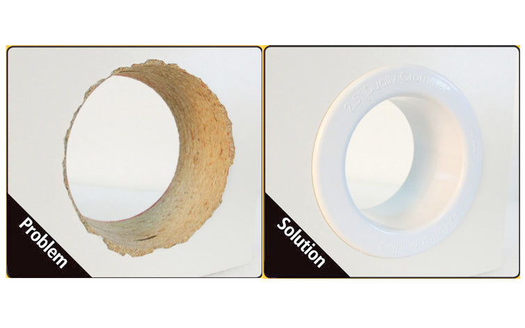  FastCap Dually Grommet is what cabinet makers have been asking for. It is a dual-sided interference locking grommet that finishes both sides of your hole. Works with depths from 3/4” to 2 1/2”. It snaps together to give holes a finished look in seconds. its 2-1/2" holes - 2-1/2" OD,  2-1/4" ID. Fully paintable