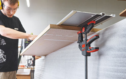 Bessey 2-PC One-Handed Track Saw Guide Table Clamps EZR SET are designed to work with track saw guides. Guide on top section for grooves 12 x 6.5 mm to 12 x 8 mm. Use with adapter on  bottom section & rotated top section for secure fastening of guide rails of Festool, Protool, Metabo, Makita, Hitachi/Hikoki, Dewalt.