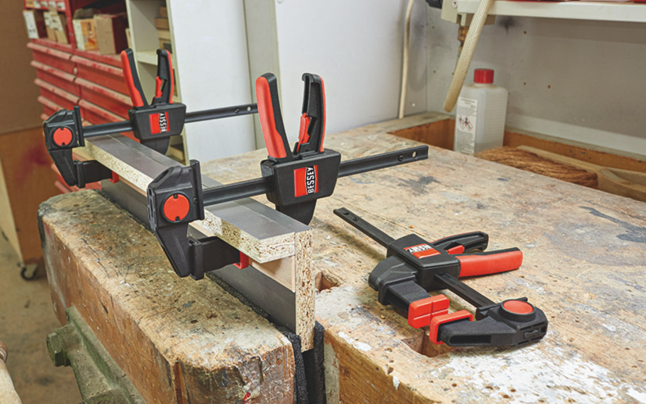 Bessey 2-PC One-Handed Track Saw Guide Table Clamps EZR SET are designed to work with track saw guides. Guide on top section for grooves 12 x 6.5 mm to 12 x 8 mm. Use with adapter on  bottom section & rotated top section for secure fastening of guide rails of Festool, Protool, Metabo, Makita, Hitachi/Hikoki, Dewalt.