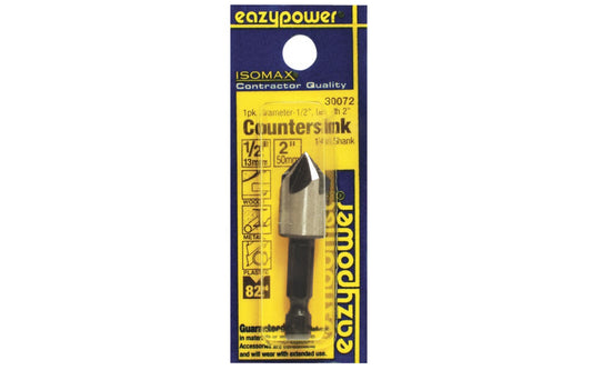 Eazypower 1/2" Countersink HSS bit with hex shank. Countersink, deburr, & chamfer holes in soft metals & wood. Five cutting flutes. 1/4" hex quickchange shank bit. 82° cutting angle head. High Speed Steel - 2" overall length of countersink bit. 083771300722. Eazypower Isomax Model 30072