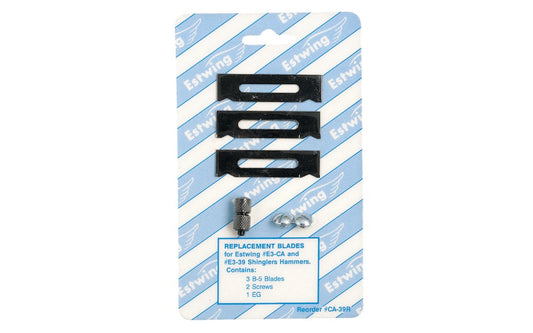 Replacement blade & gauge for Estwing shingling hammer. Includes 3 blades, 1-gauge, & 2 screws. Designed for Estwing #E3-CA and #E3-39 Shingler's Hammer. Model CA-39R. Estwing replacement blades for Shingle hammer and hatchet. 034139730811