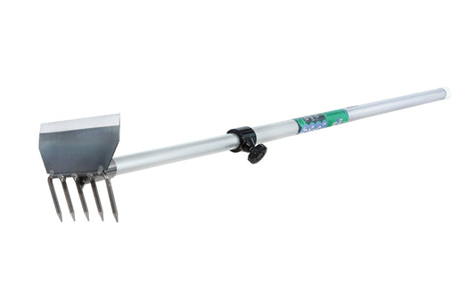 Japanese Asano combination telescopic weeder hoe & 5-tine rake that's good for variety of uses in garden. Hoe blade is made of high carbon steel & used for various purposes such as grass cutting, soil loosening, cultivating, etc. 5-tines are welded on end of pole. 32" overall length, extends out to 54" Made in Japan