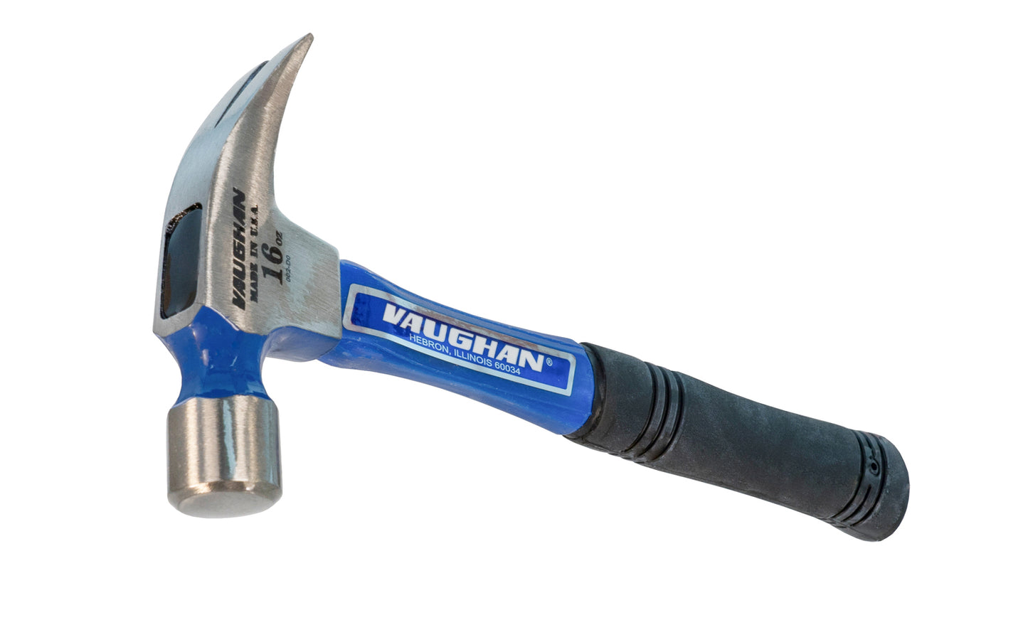 Vaughan FS99 "Pro-16" smooth face rip hammer has a hollow-core fiberglass handle which provides better balance & more effective shock absorption than typical solid fiberglass handles. Slip resistant grip, contoured for comfort. Smooth face 16 oz head weight. Vaughan Mfg Co. Made in USA. 051218124101. Vaughan Rip Hammer